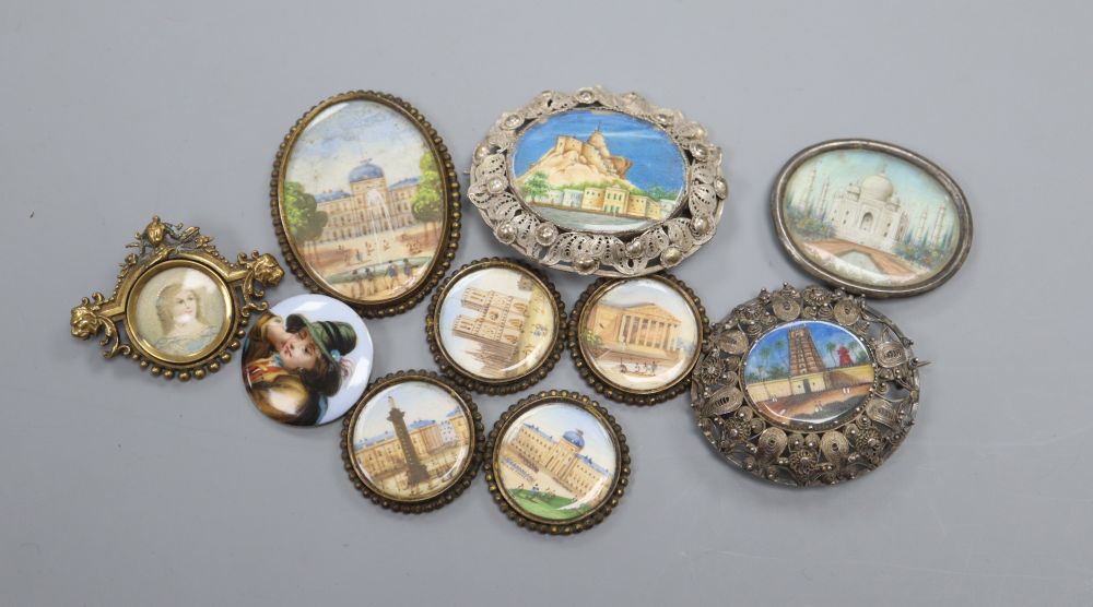 A group of brooches inset with miniature paintings, most on ivory